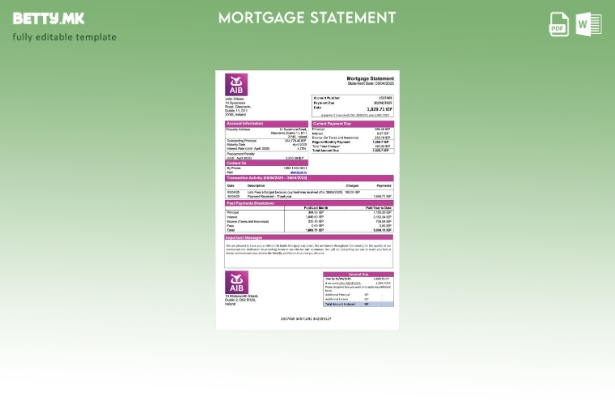 модерен стил Ирска сојузничките ирски банки изјава за хипотека Word и PDF шаблон